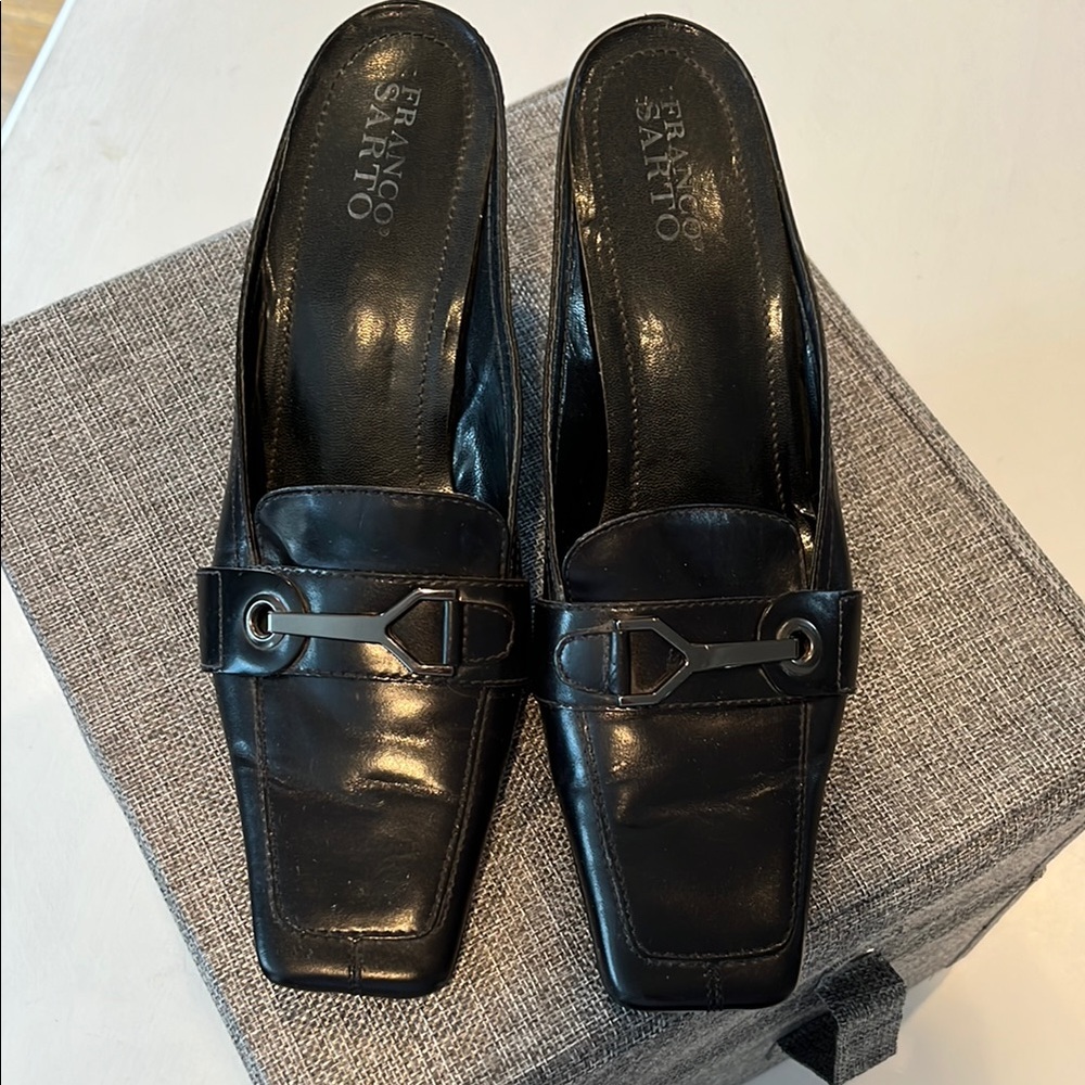 Franco Sarto Black Leather Mules with Square Toe and Metal Hardware